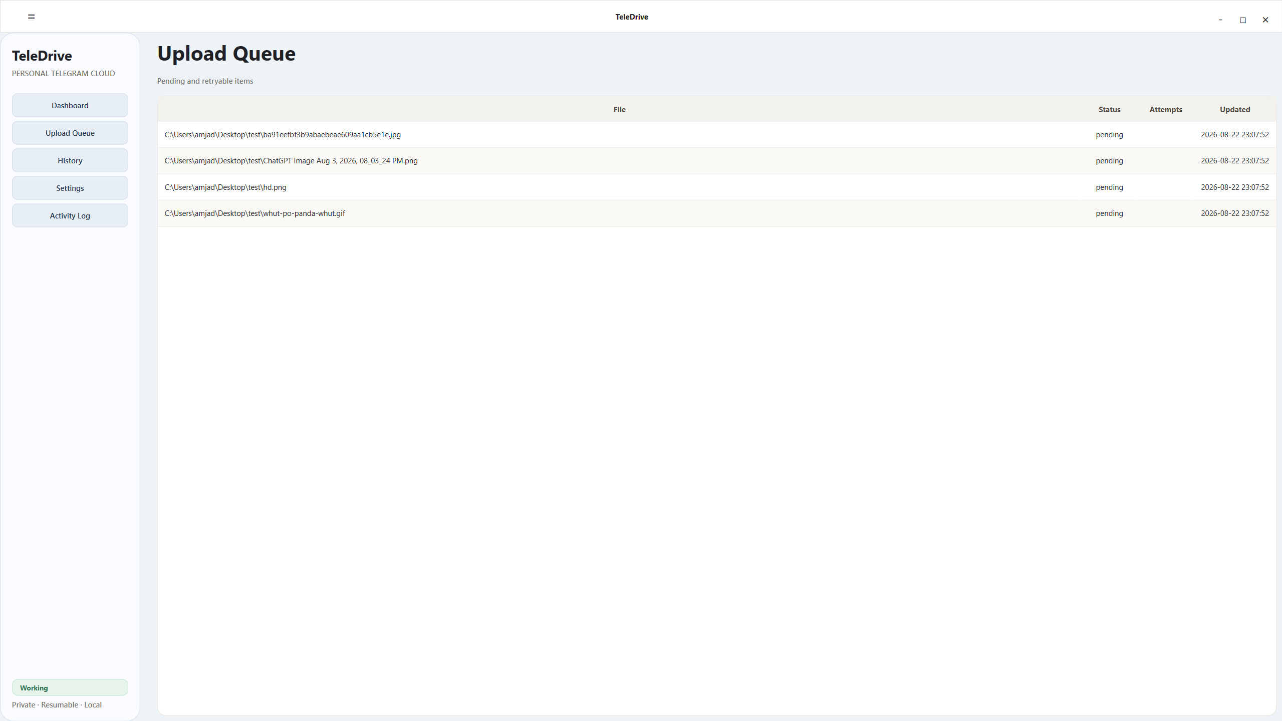 TeleDrive Upload Queue Screenshot